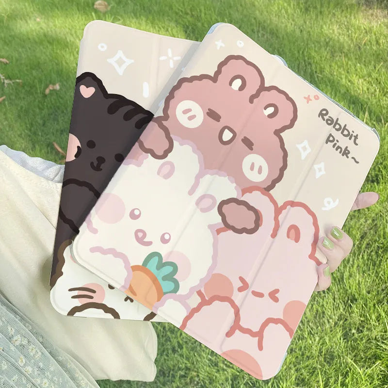 Silicone tri-fold protective case for iPad in cartoon Rabbit design on a tablet.