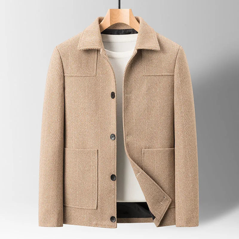 Mens slim fit woolen jacket with lapel collar in grey or dark coffee, business gentleman style, sizes 170-190 yards