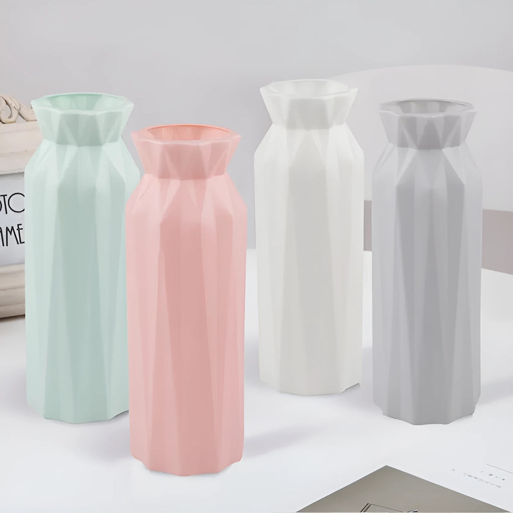 Drop-resistant melamine plastic vase in green, grey, pink, or white colours.