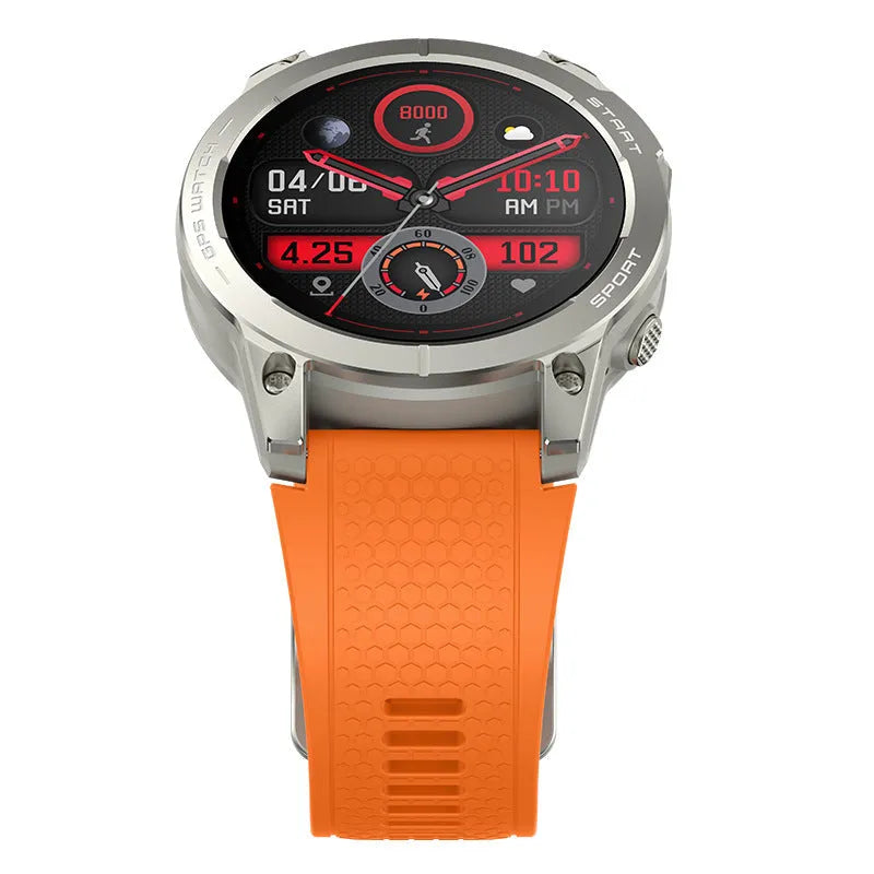 S53 Outdoor GPS Sports Call Smart Watch in black or orange with 1.43-inch IPS screen and silicone wristband