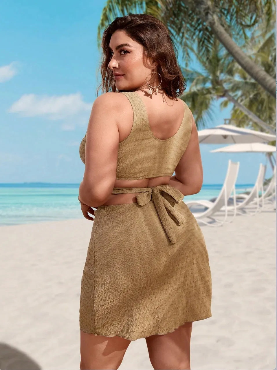 Women's polyester solid colour brown loose swimsuit suit, sleeveless briefs style, sizes 0XL to 4XL