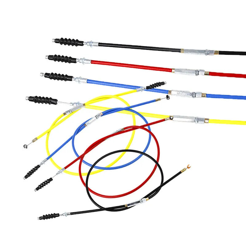 Four coloured motorcycle clutch and accelerator cables, each 0.98m long, for Apollo 110-125cc ATV and scramble bikes.