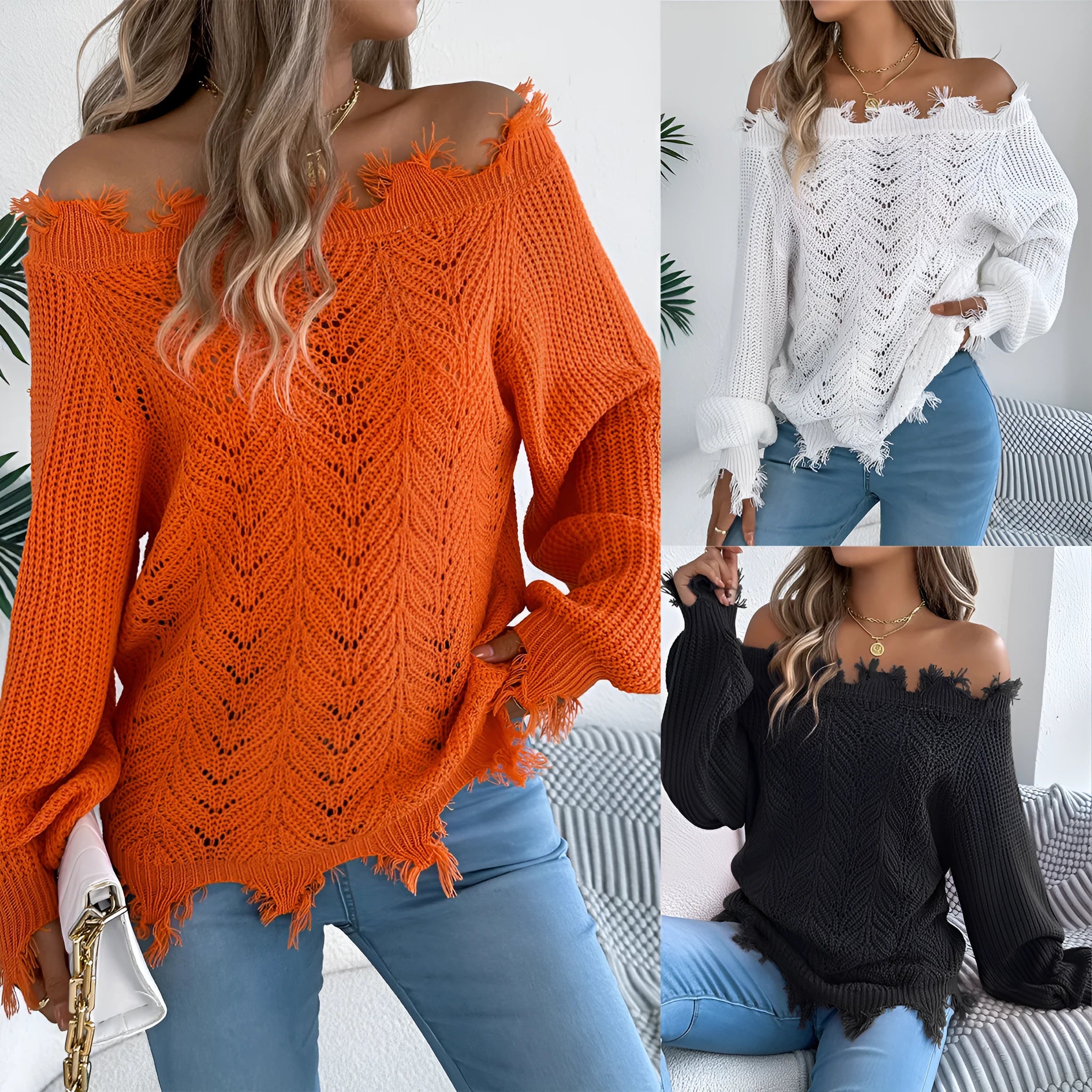 Hollow-out cut off-the-shoulder pullover sweater in artificial wool shown in black, orange, and white colours