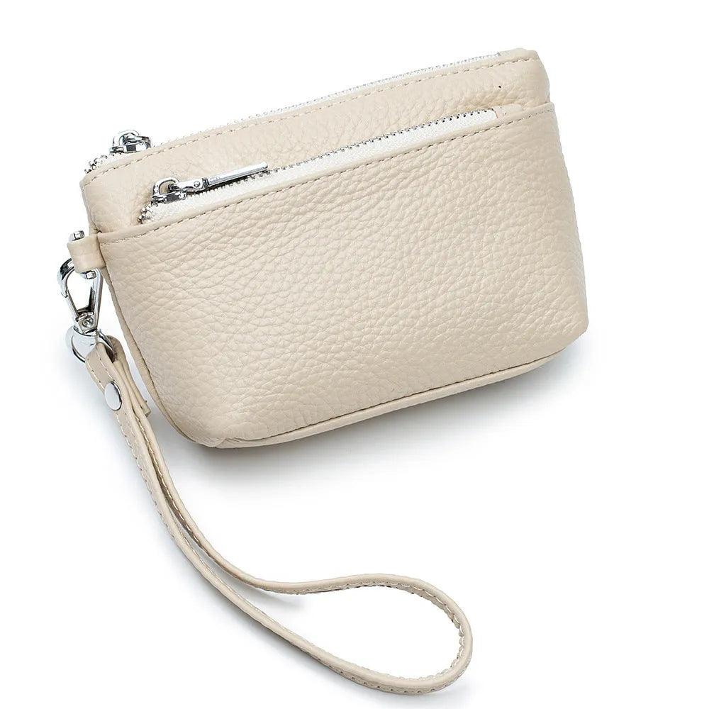 Women's small genuine leather wallet in solid colour with sewing thread detail, retro European American style