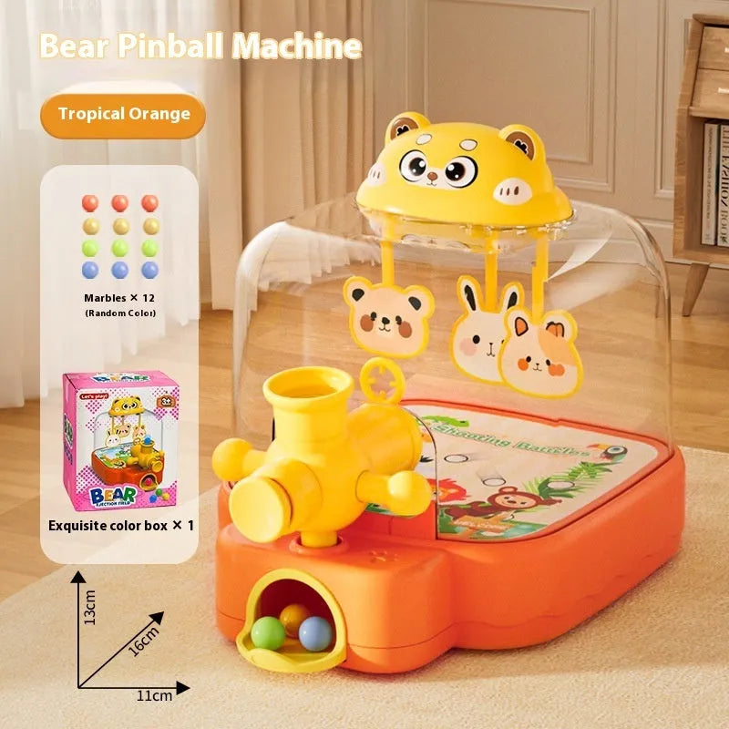 Cute Bear plastic pinball machine press launch toy in pink, orange, and green colours for children aged 4-6.