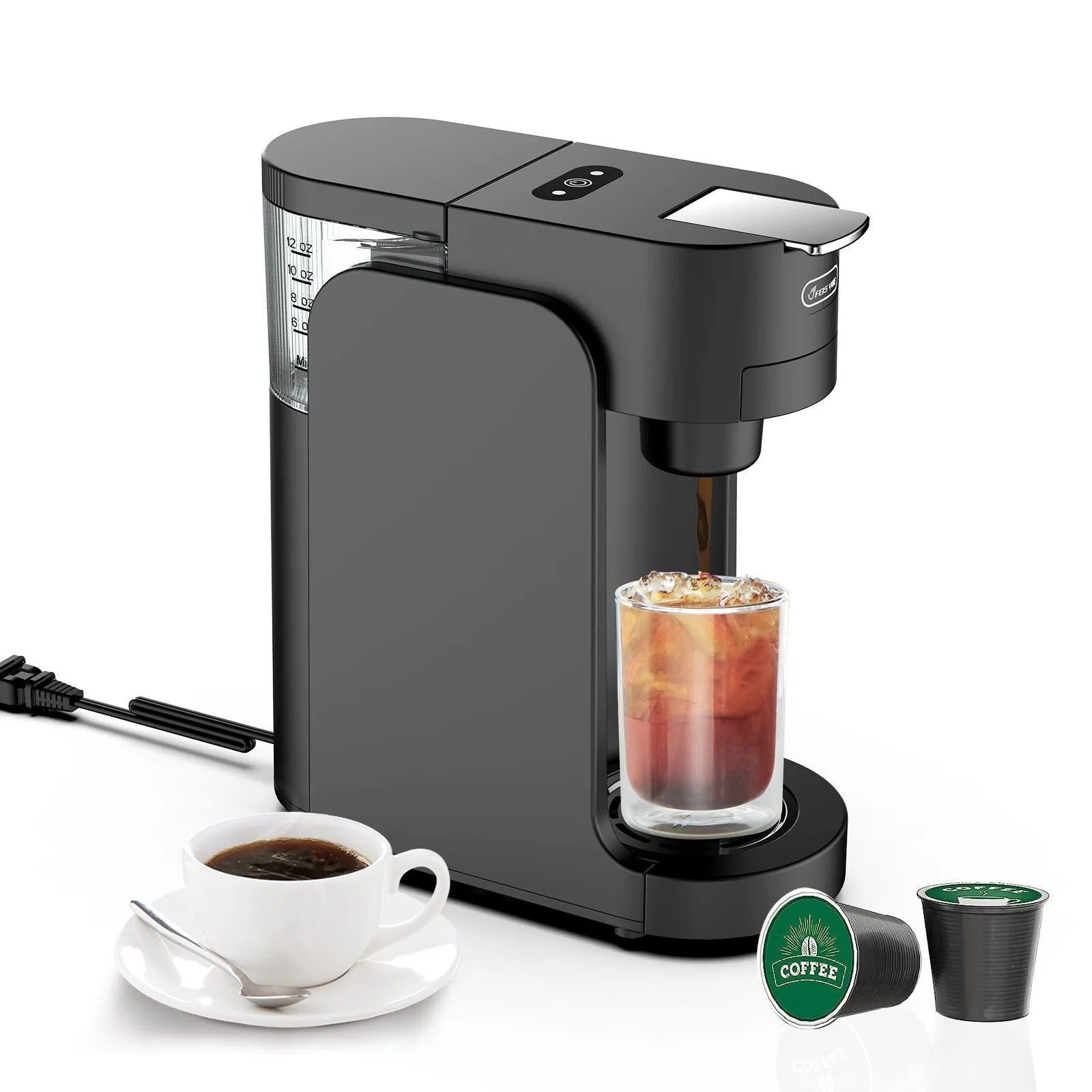 Compact black and white capsule coffee machine with transparent water tank and adjustable stainless steel drip tray.