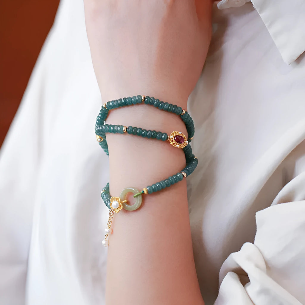 Blue water jade abacus bead bracelet with three rings of tourmaline and freshwater pearls, bead diameter under 4mm