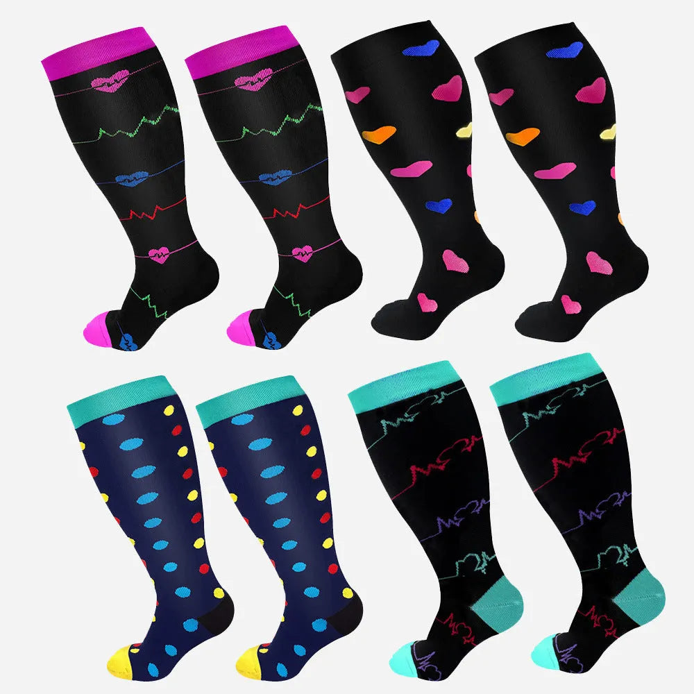 Plus size compression socks for extra wide calf in blue ECG pattern on white background