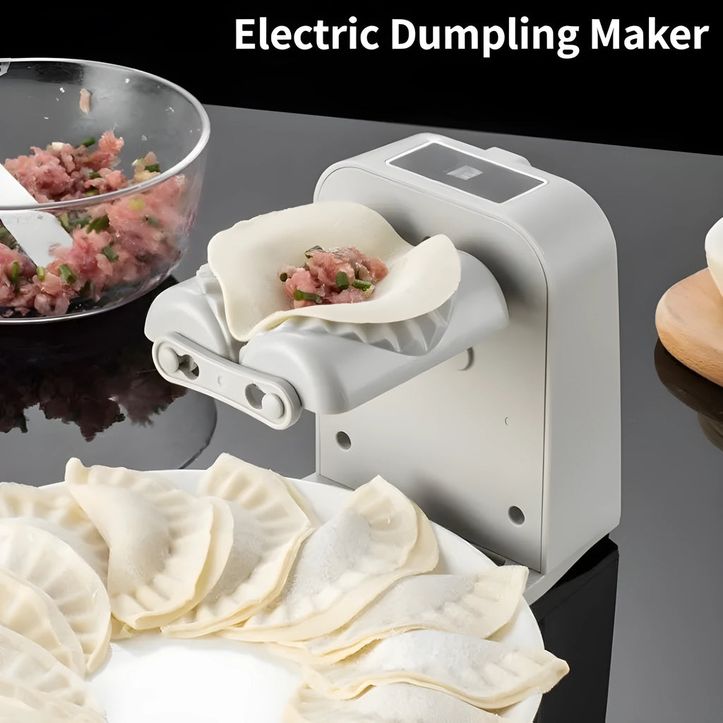 White electric dumpling maker machine with USB charging cable and accessories