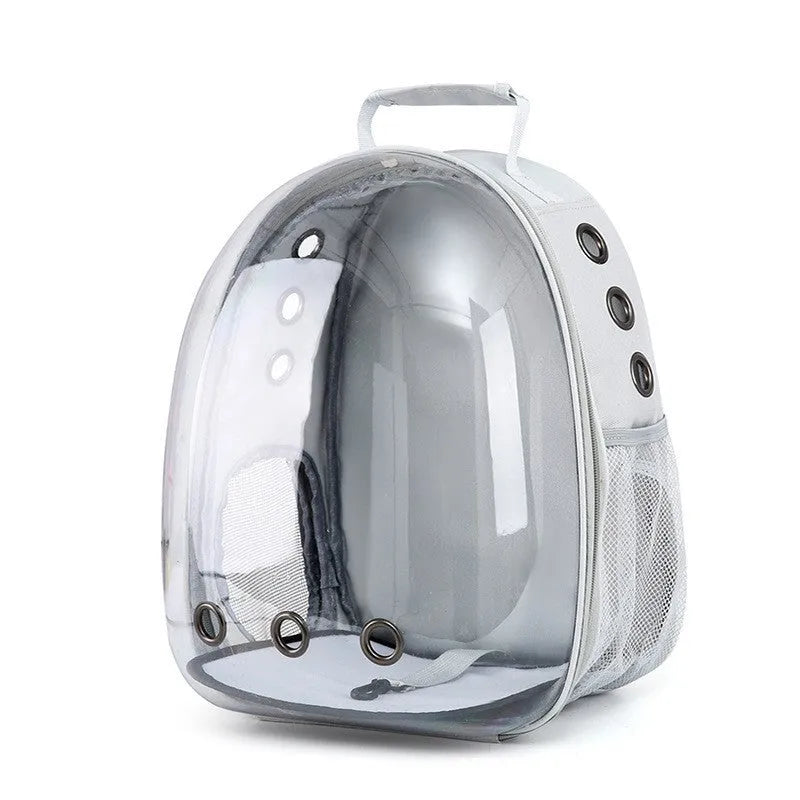 Astronaut-shaped grey cat carrier bag with side opening and medium capacity.