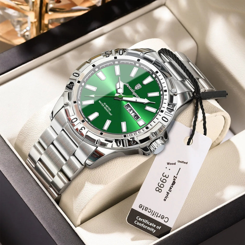 Men's Swiss waterproof luminous watch with 6mm case in gold green colour with steel belt