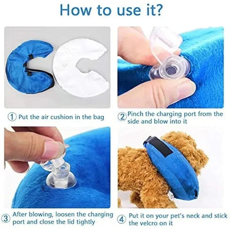 Blue inflatable recovery collar for dogs and cats with size chart showing measurements