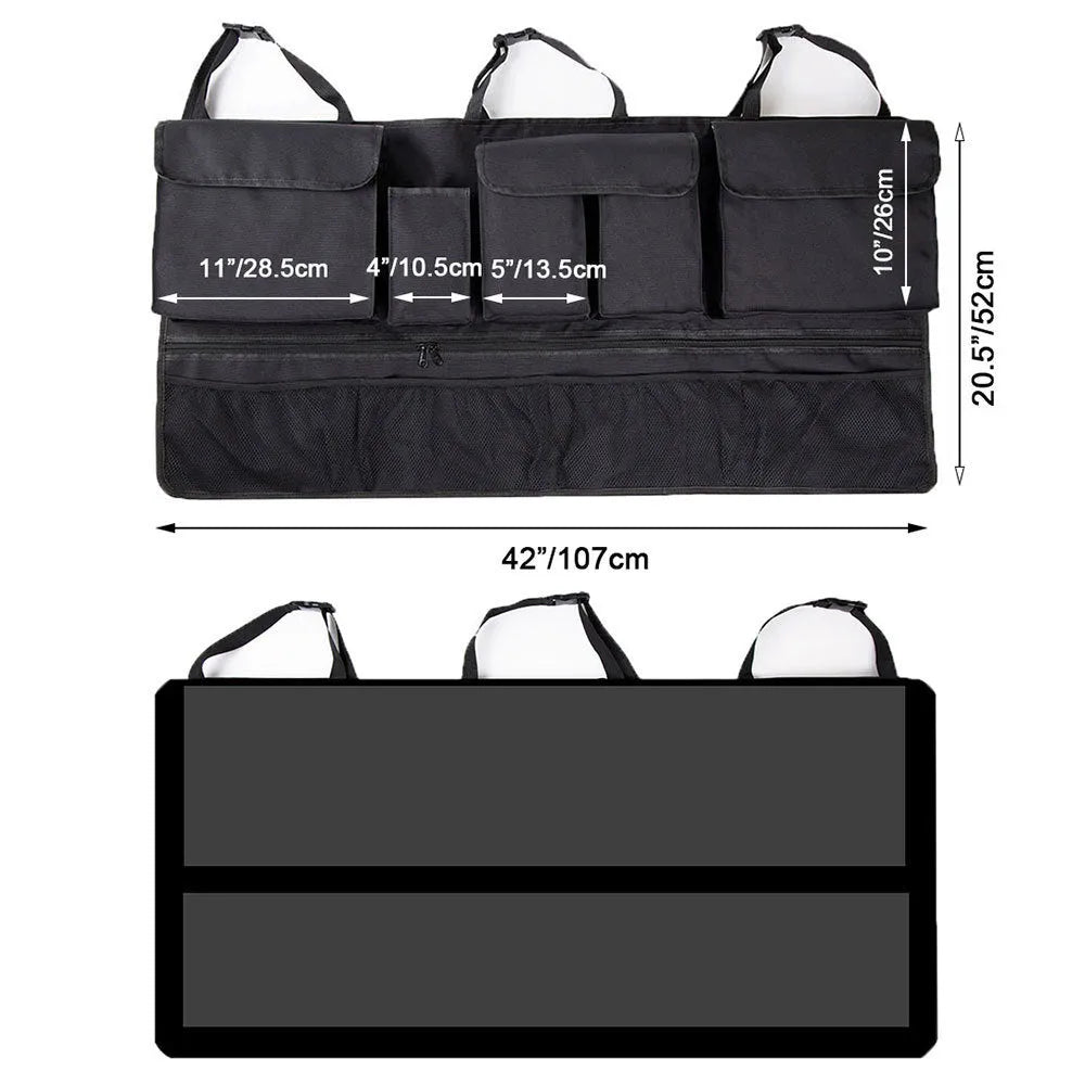 Black car boot hanging organiser bag with red piping, showing top handle and 45x40cm size.
