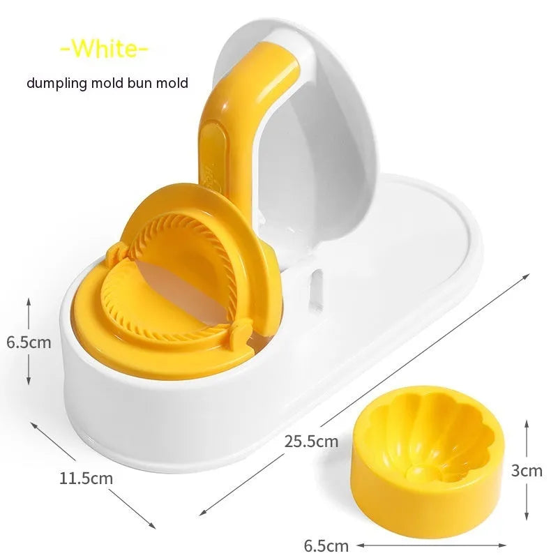 Plastic dumpling wrapper pressing device in fresh green colour on kitchen surface with dough