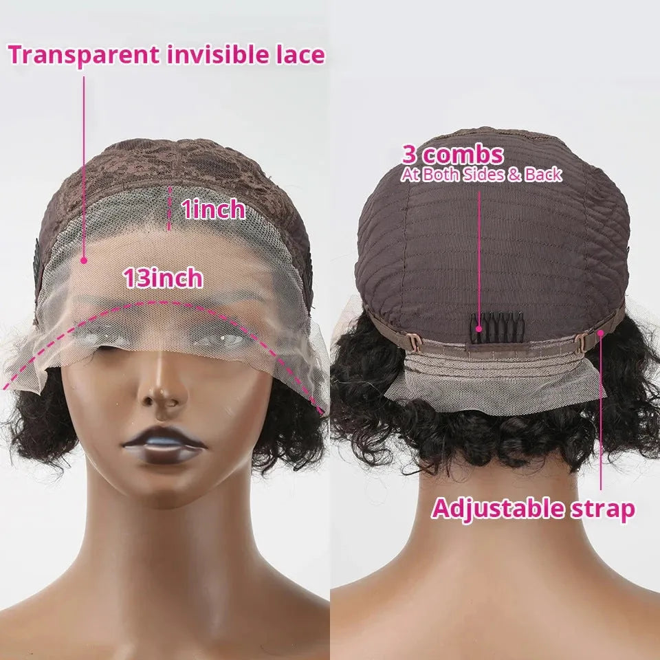 Black lace front pixie cut wig made from 100% human hair in dark brown colour 13x1 on a mannequin head
