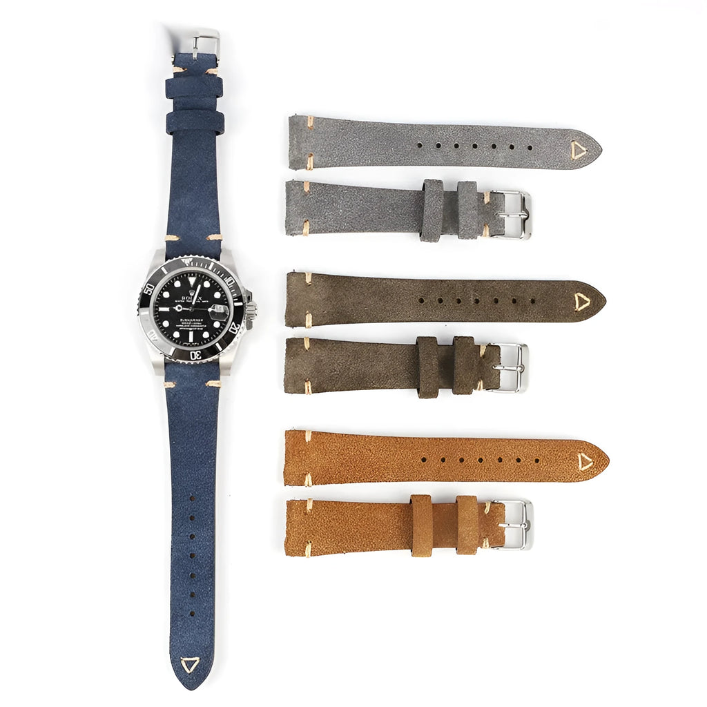 Brown suede genuine leather watch strap with ethnic style design.