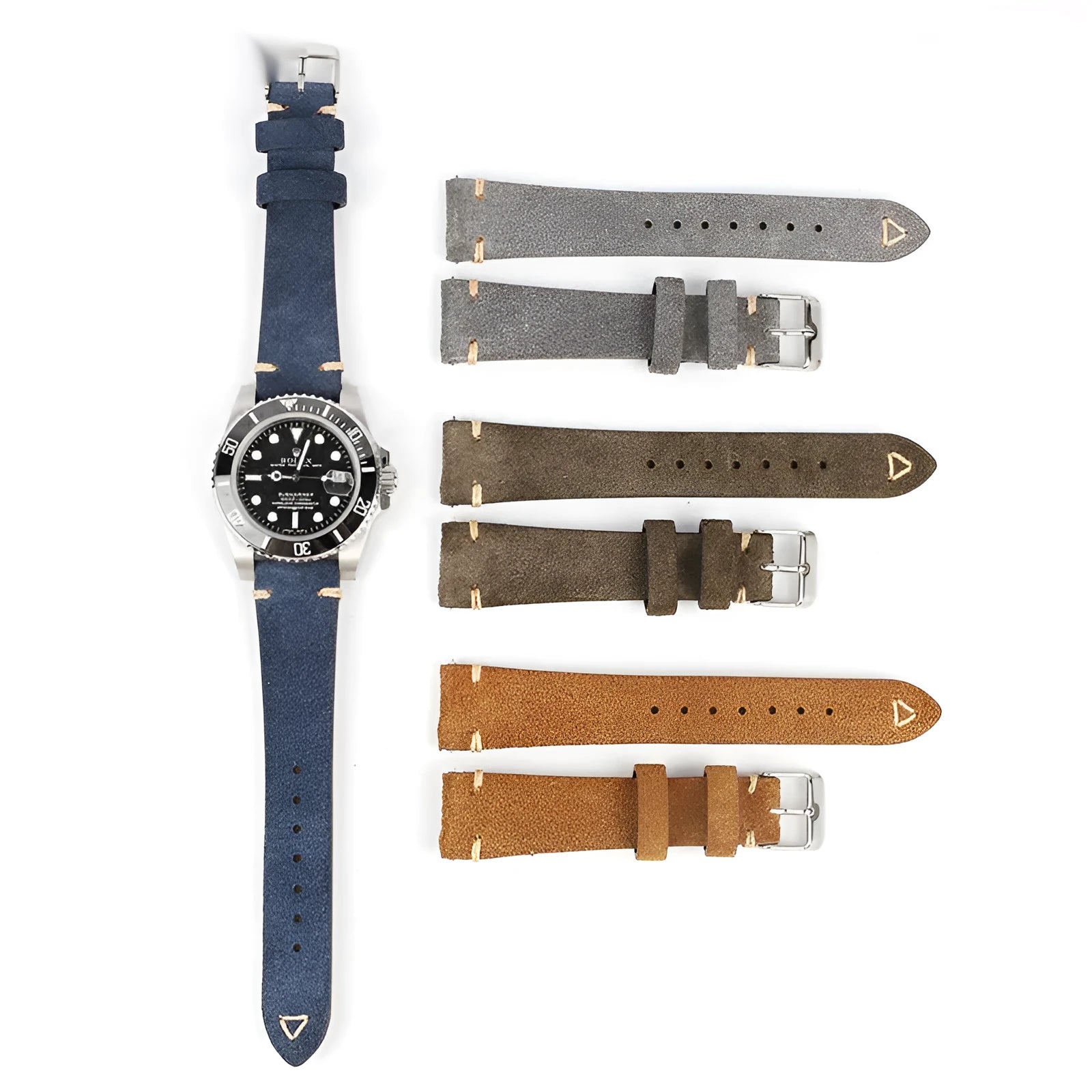 Brown suede genuine leather watch strap with ethnic style design.