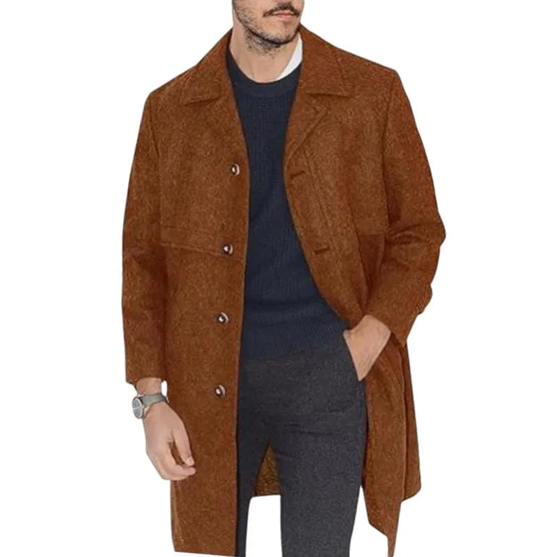 Men's plus size woolen single-breasted coat in camel, dark gray, and black with thickened polyester lining
