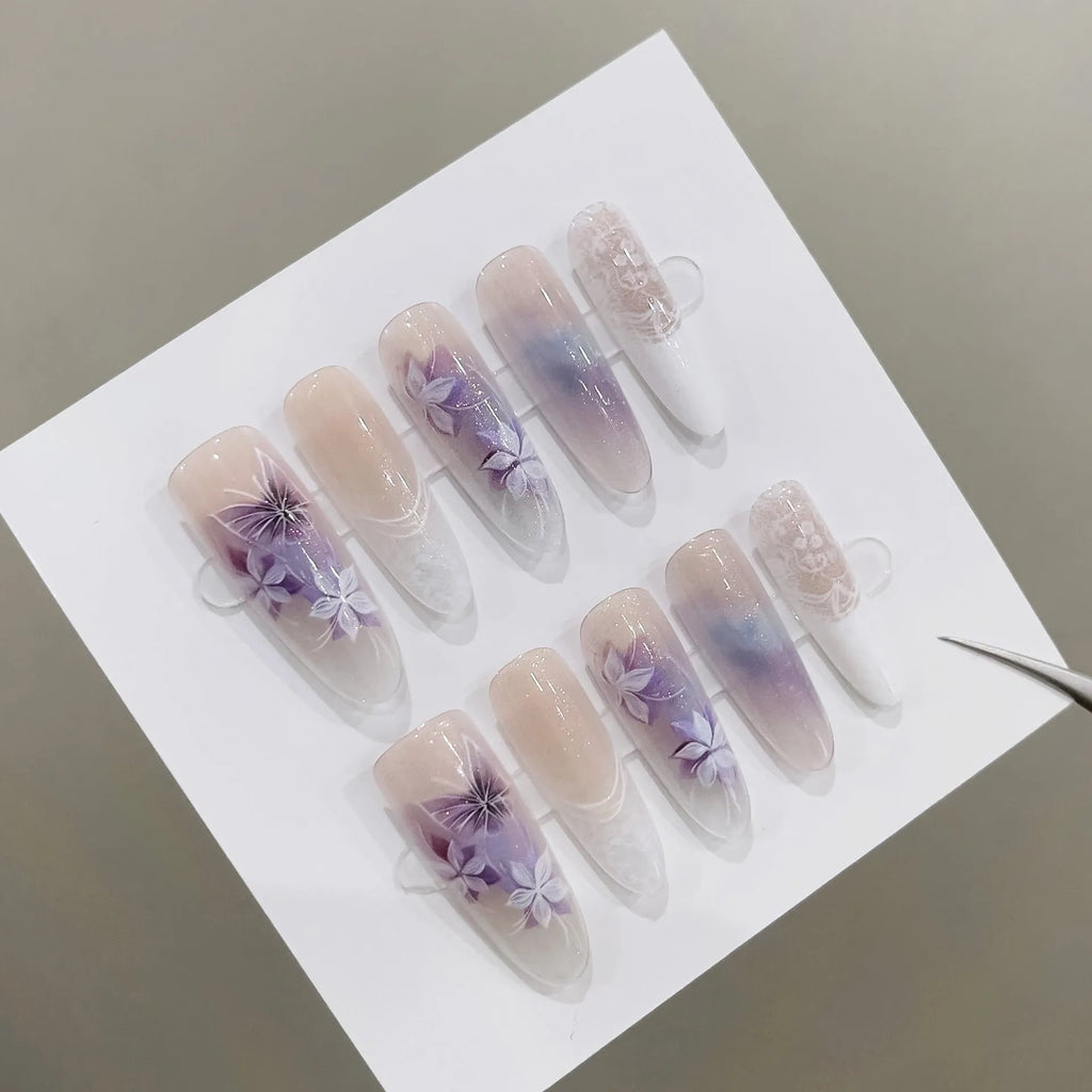 Chinese style butterfly oval almond prefabricated nail art tips 40 pieces set in natural frosted and glossy finishes