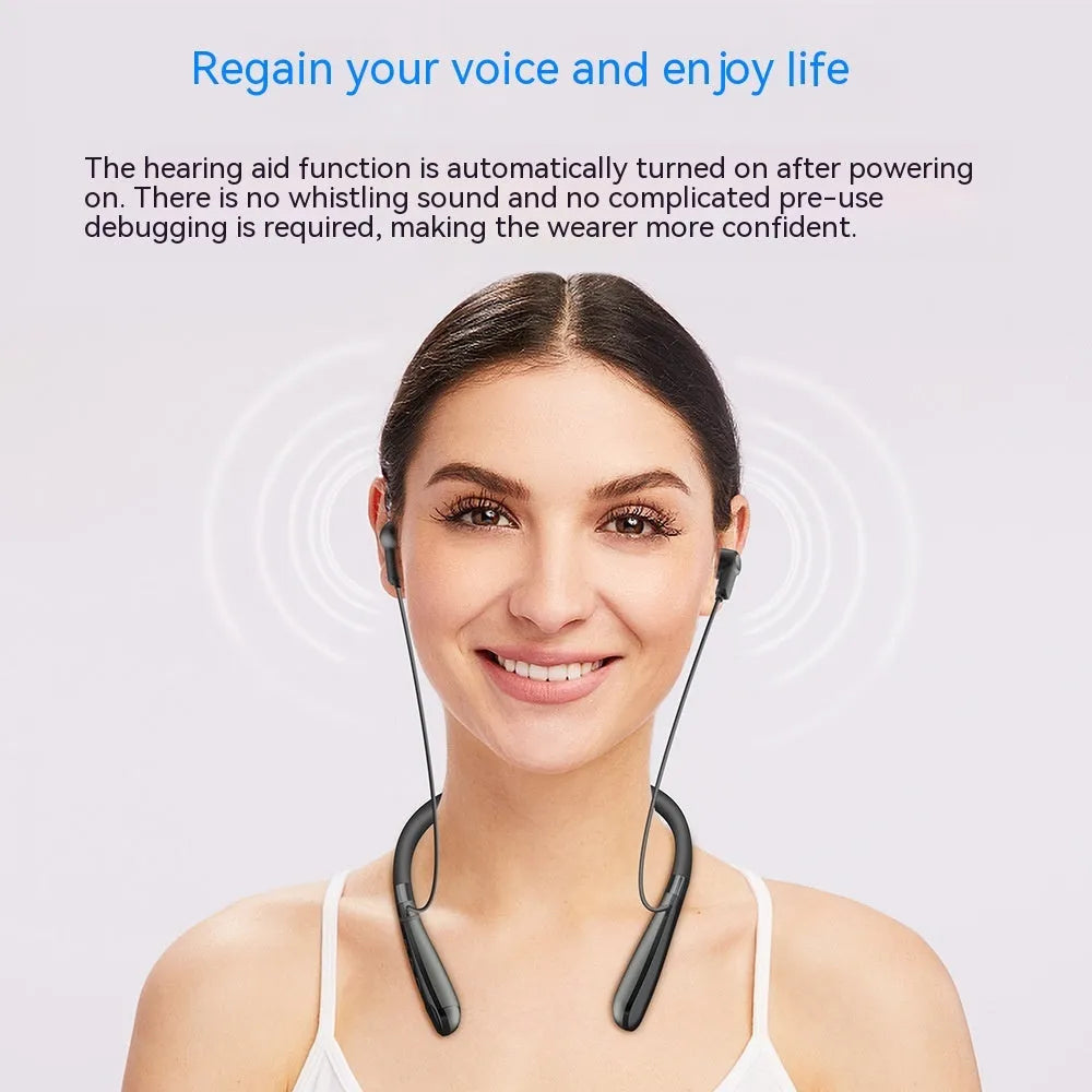 Wireless Bluetooth headset in black with digital display screen, silicone ear pieces, intelligent noise reduction, 16-channel hearing aid chip