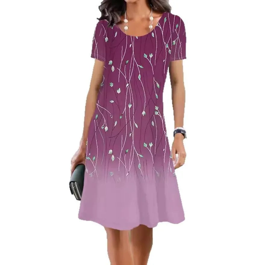 Women's ice silk A-line dress with short sleeves and printed floral pattern, shown in mid-length.