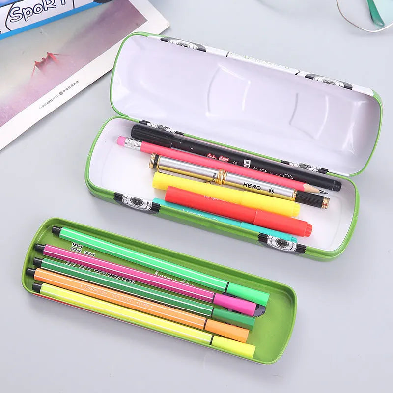 Tinplate double-layer stationery box shaped like a trolley car with a cartoon pattern