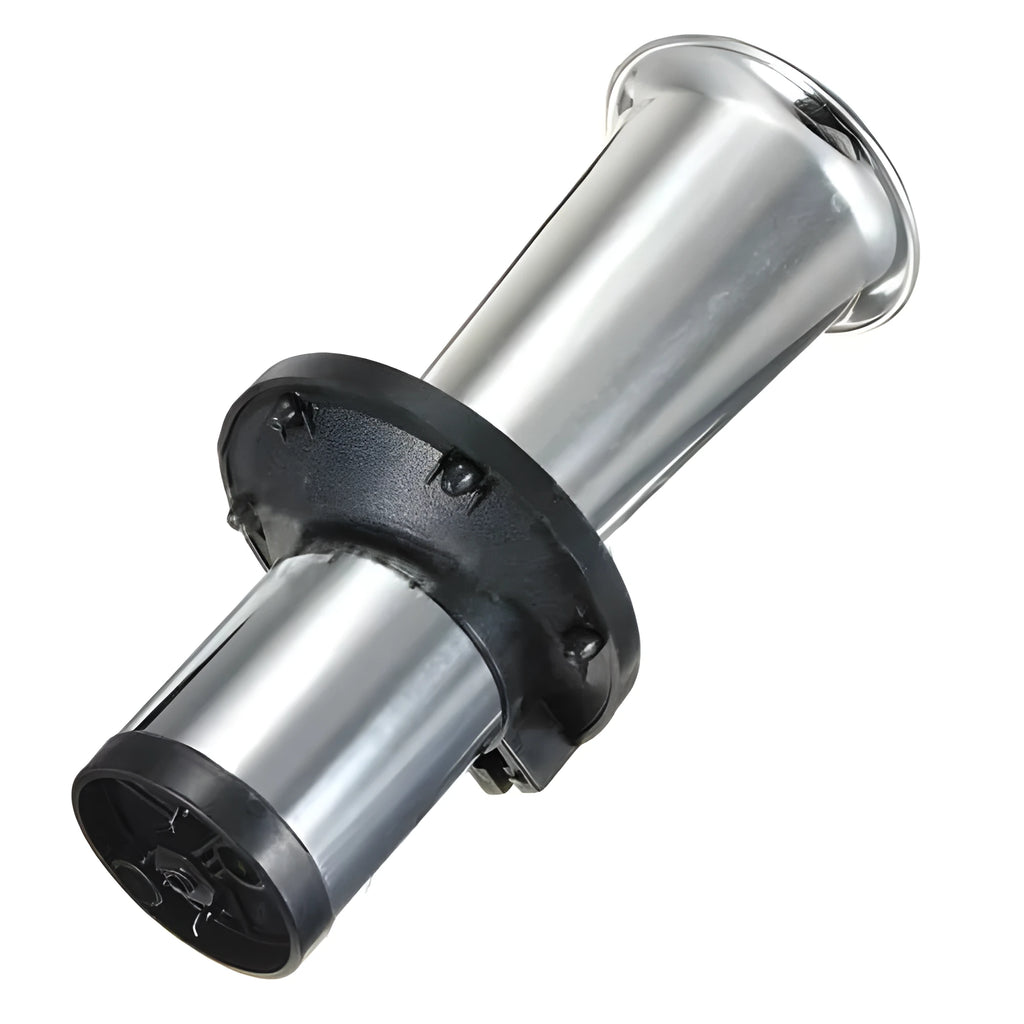 A silver and black 12v universal fit car horn for modified vehicles.