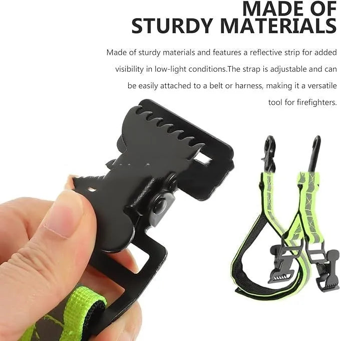 Fluorescent green fireman glove safety clamp with metal buckle and reflective lining.