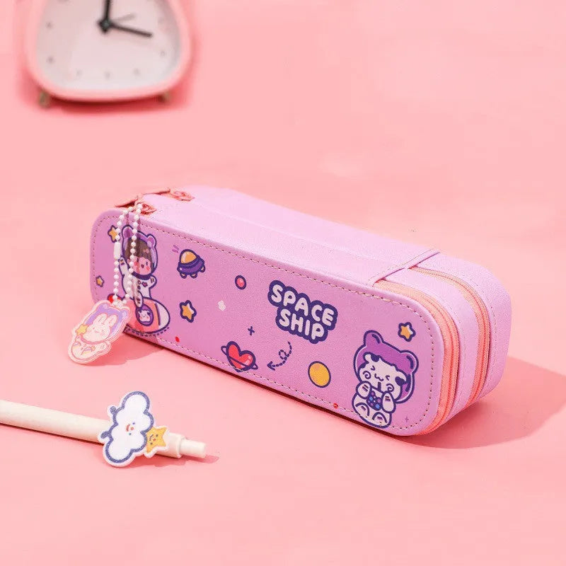 Cute astronaut double-layer PU pencil case in colourful cartoon design with multiple colour options