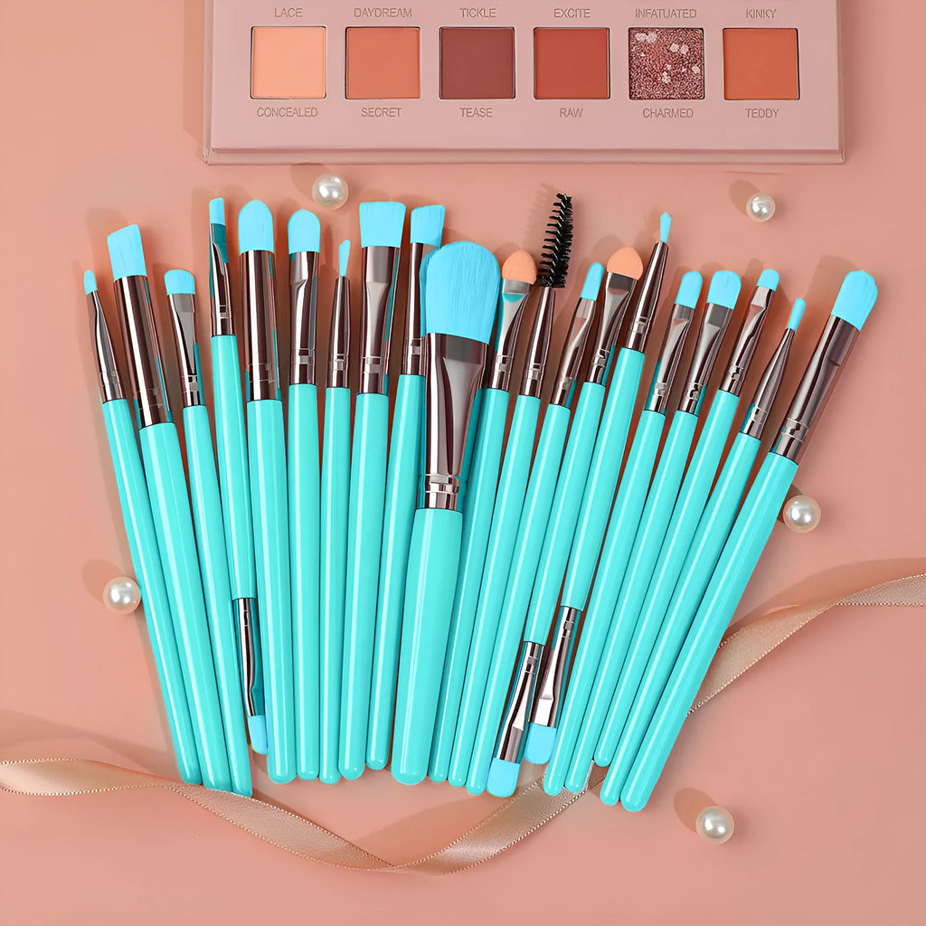 20pc fluorescent makeup brush set with blush, powder, eyeshadow, lip and mascara brushes in nylon wool and plastic