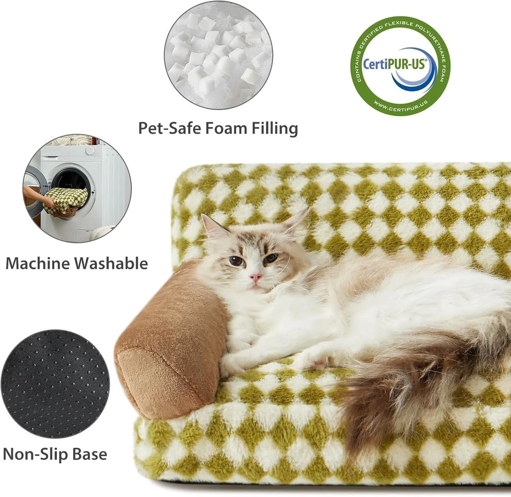 Checkered pattern pet sofa bed for cats and small dogs with a removable cover, shown in a home setting.