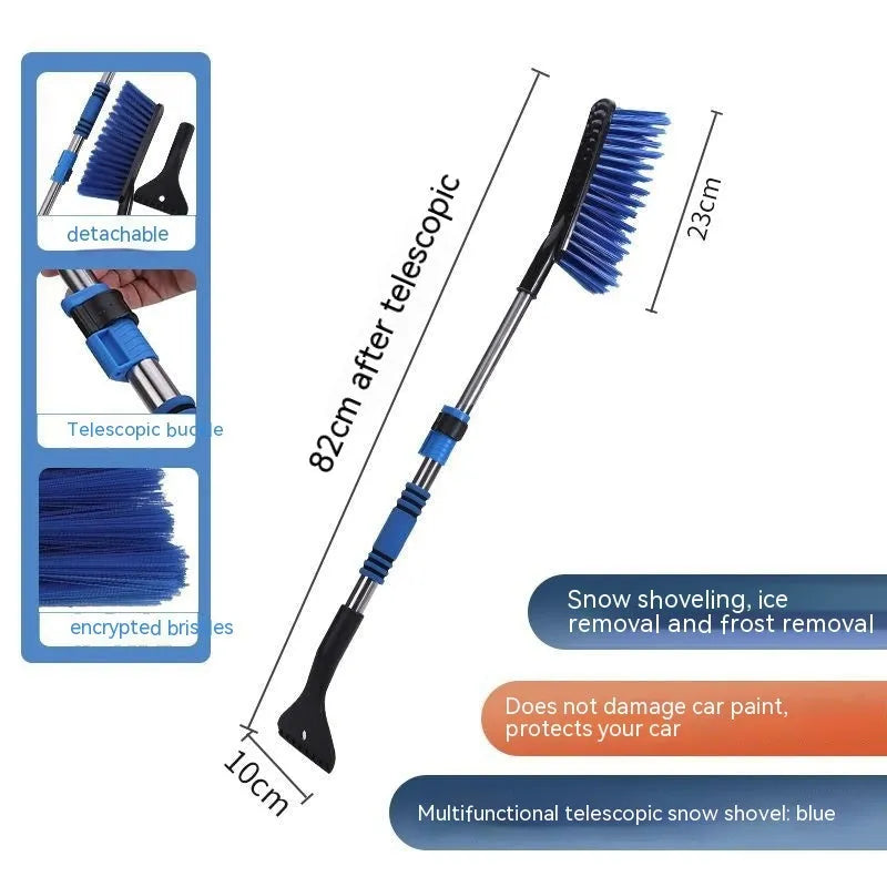 Blue telescopic car snow brush with extended handle for winter vehicle clearing