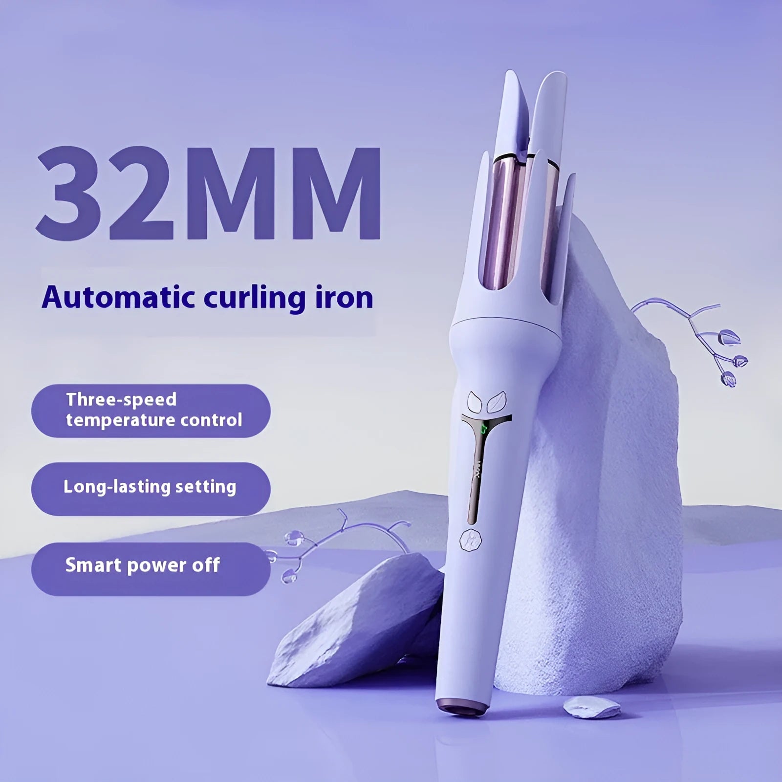 Light purple automatic hair curler with 32mm anion barrel, three clips, and a comb on a white background.