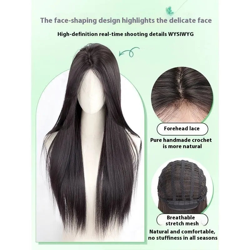 Female full-head wig with forehead lace construction in brown black colour with long straight styling