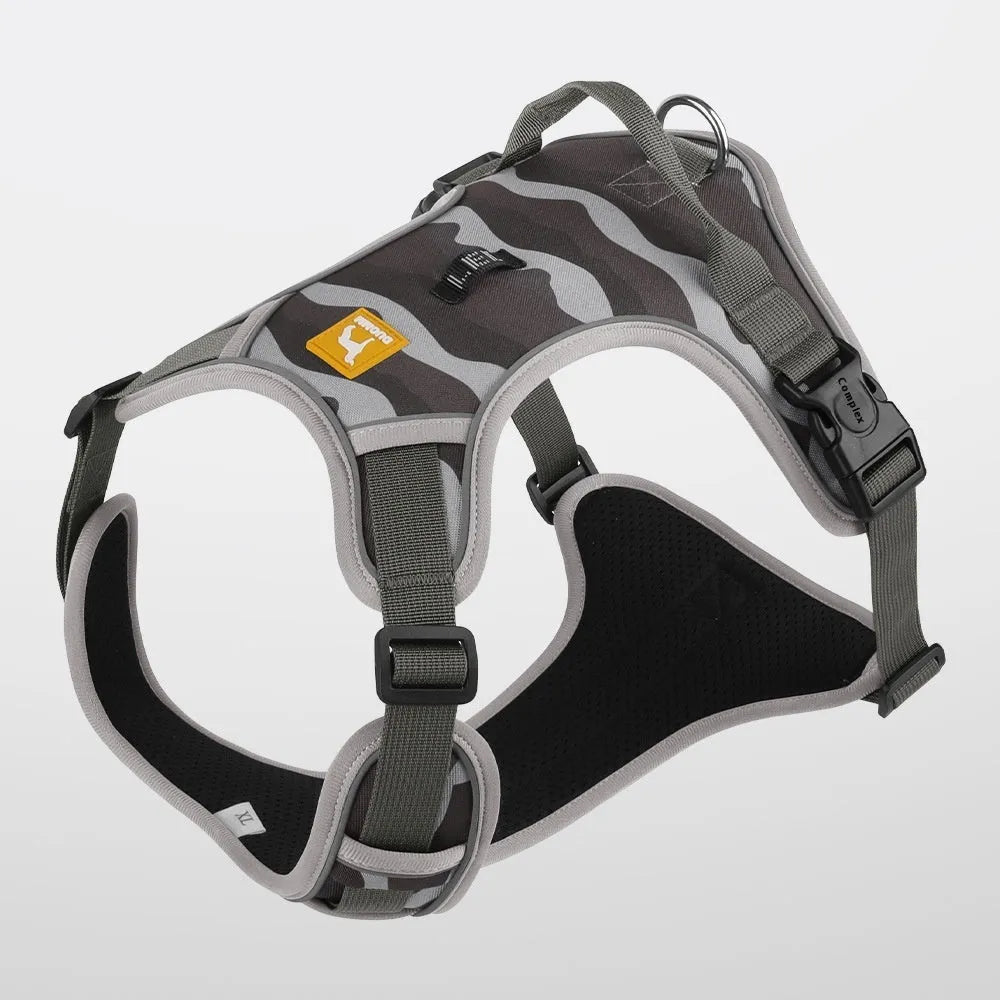 Orange reflective dog chest and back harness with an integrated hand-holding walking rope.