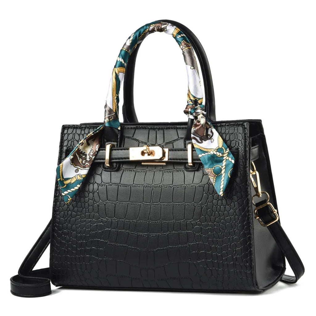 Fashion women's large capacity PU shoulder bag in black with matching green scarf, horizontal square shape, slit pocket outer bag