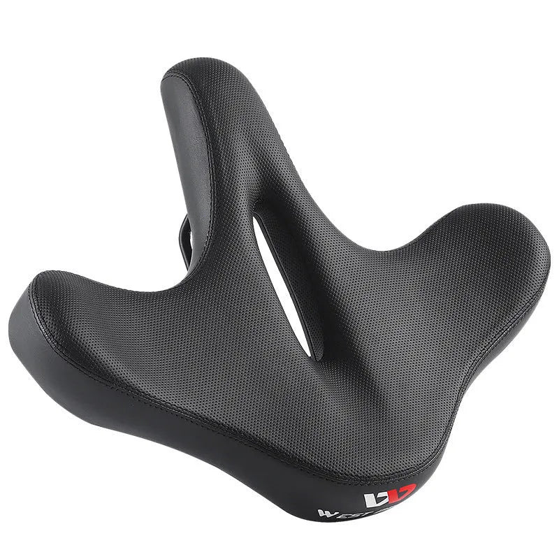 Black leather bicycle seat cushion with thick polyurethane foam padding.