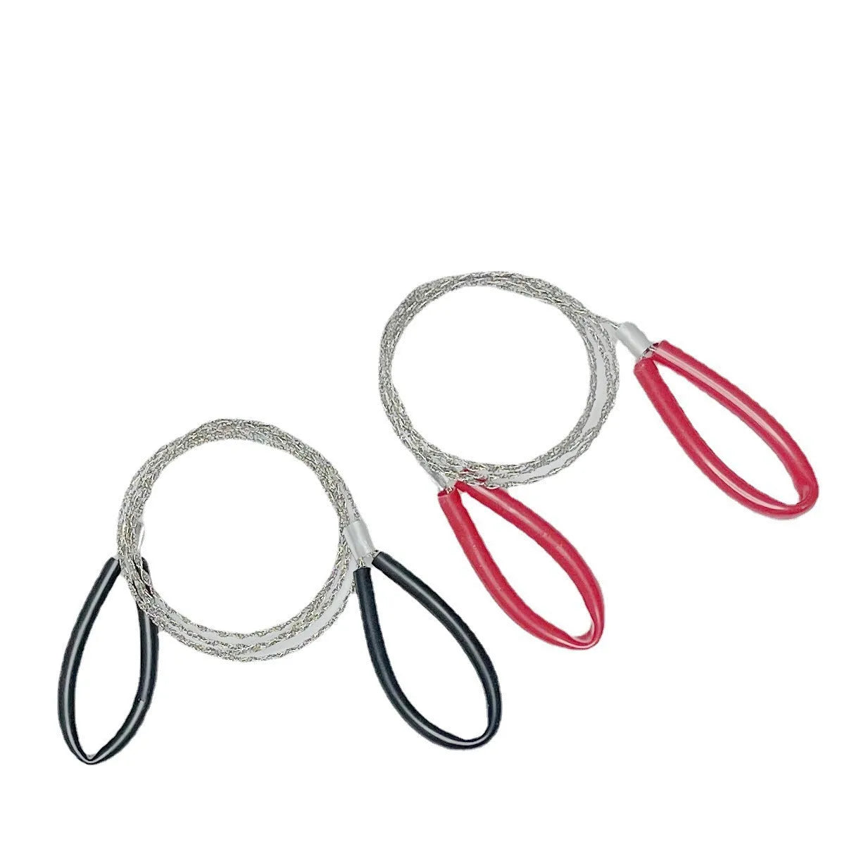 A black or red coiled stainless steel wire survival saw with a total length of 70cm.