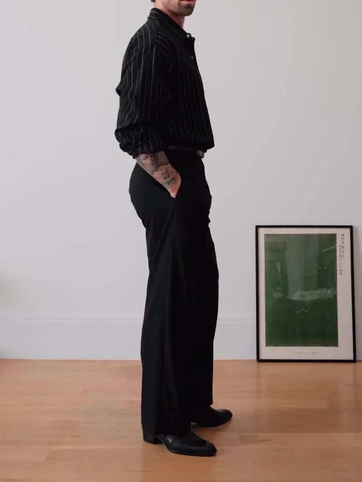 Black pinstripe polyester button-down shirt with regular fit and long sleeves