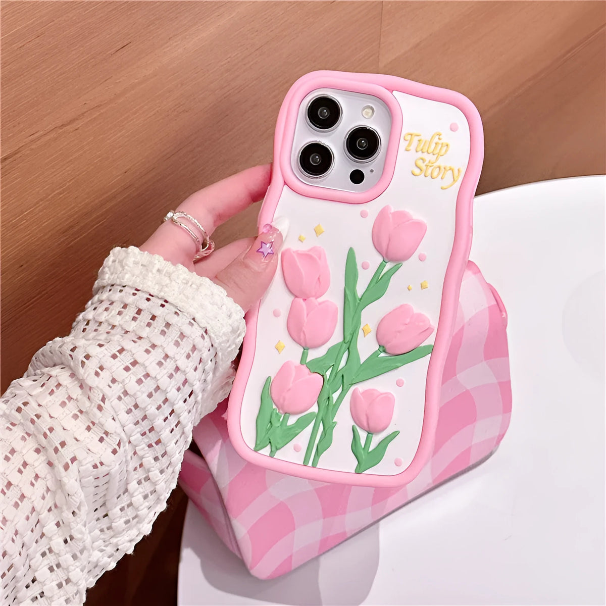 3D silicone tulip phone case in pink colour matching frosted finish for iPhone