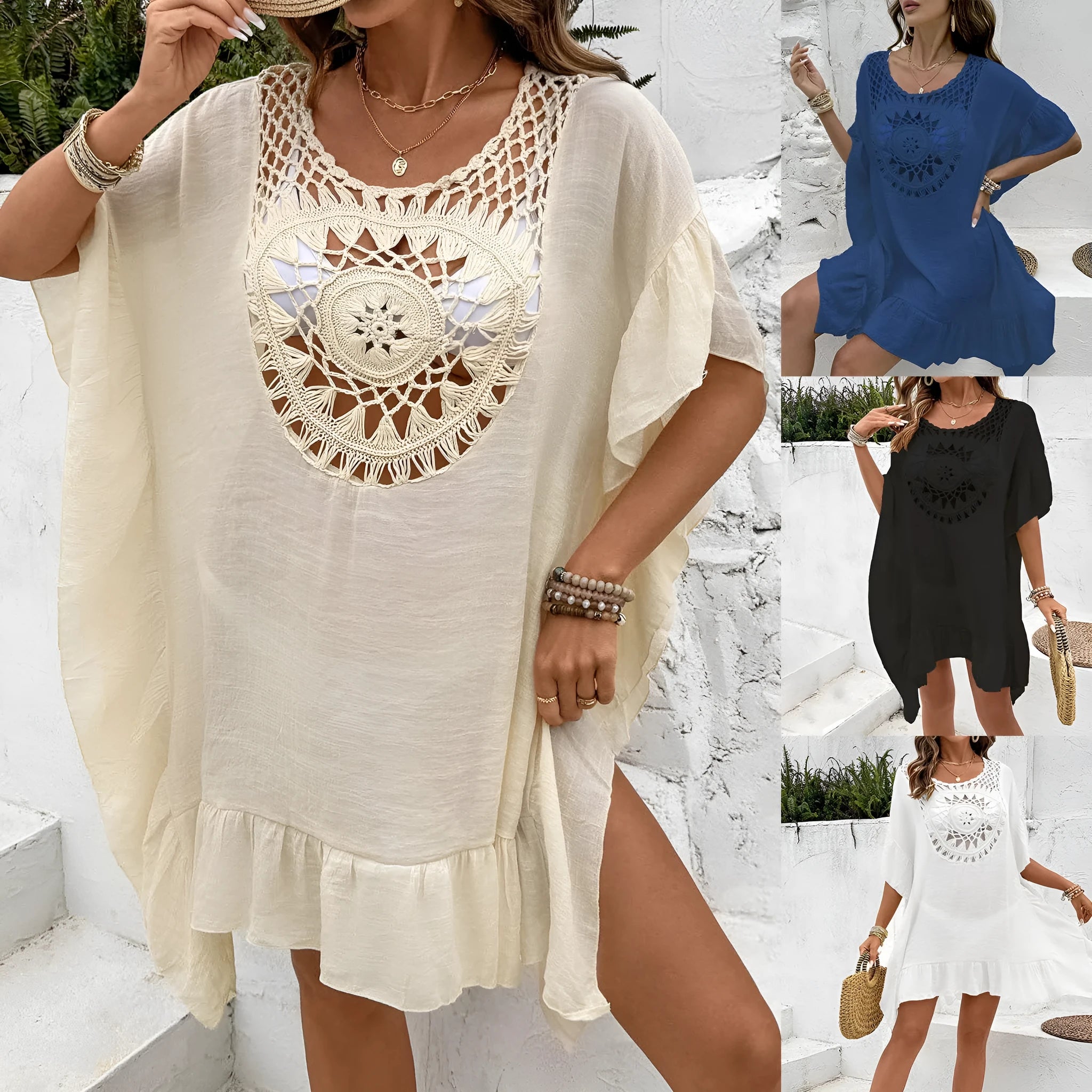Crochet stitch detail on a patchwork skirt beach dress swimsuit cover-up in apricot colour.