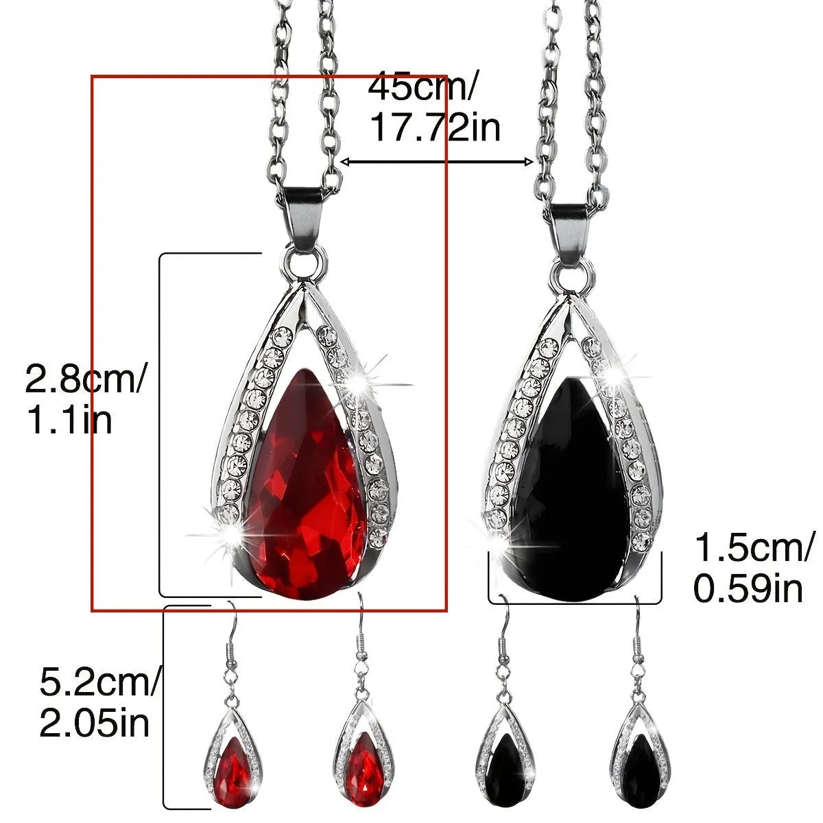 Black and red teardrop-shaped glass pendant necklace and matching earrings set on alloy chain.