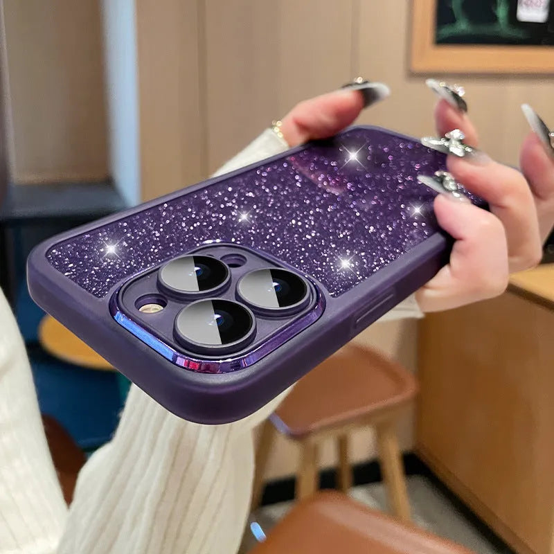 Transparent glitter iPhone case with gradient finish and magnetic suction feature