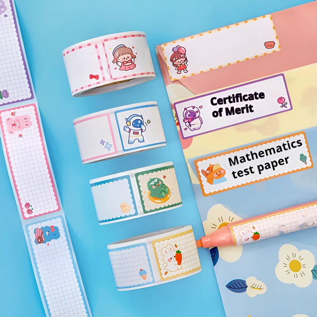 Roll of cartoon name tape stickers showing dinosaur, astronaut, rabbit and girl designs for student organisation