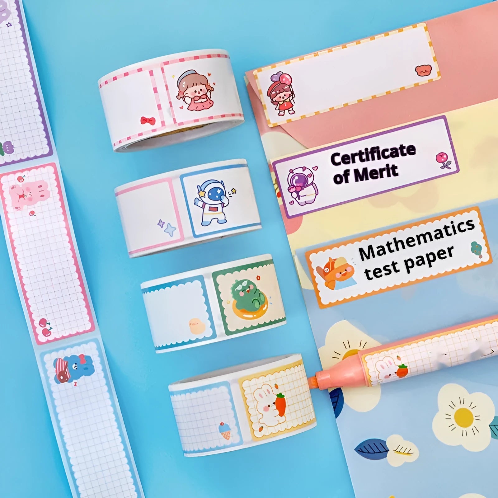 Roll of cartoon name tape stickers showing dinosaur, astronaut, rabbit and girl designs for student organisation