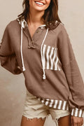 Straw yellow striped patchwork hoodie with waffle texture, button neck, and drawstring waist.