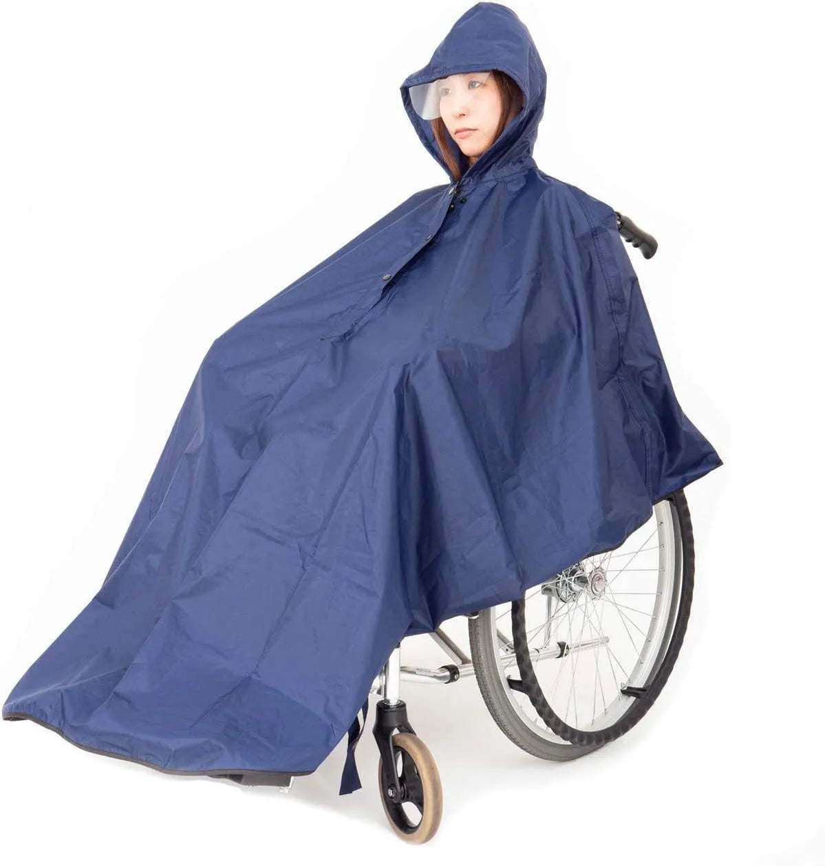 Adult waterproof reflective thickened wheelchair raincoat cape-style navy blue with brim free size