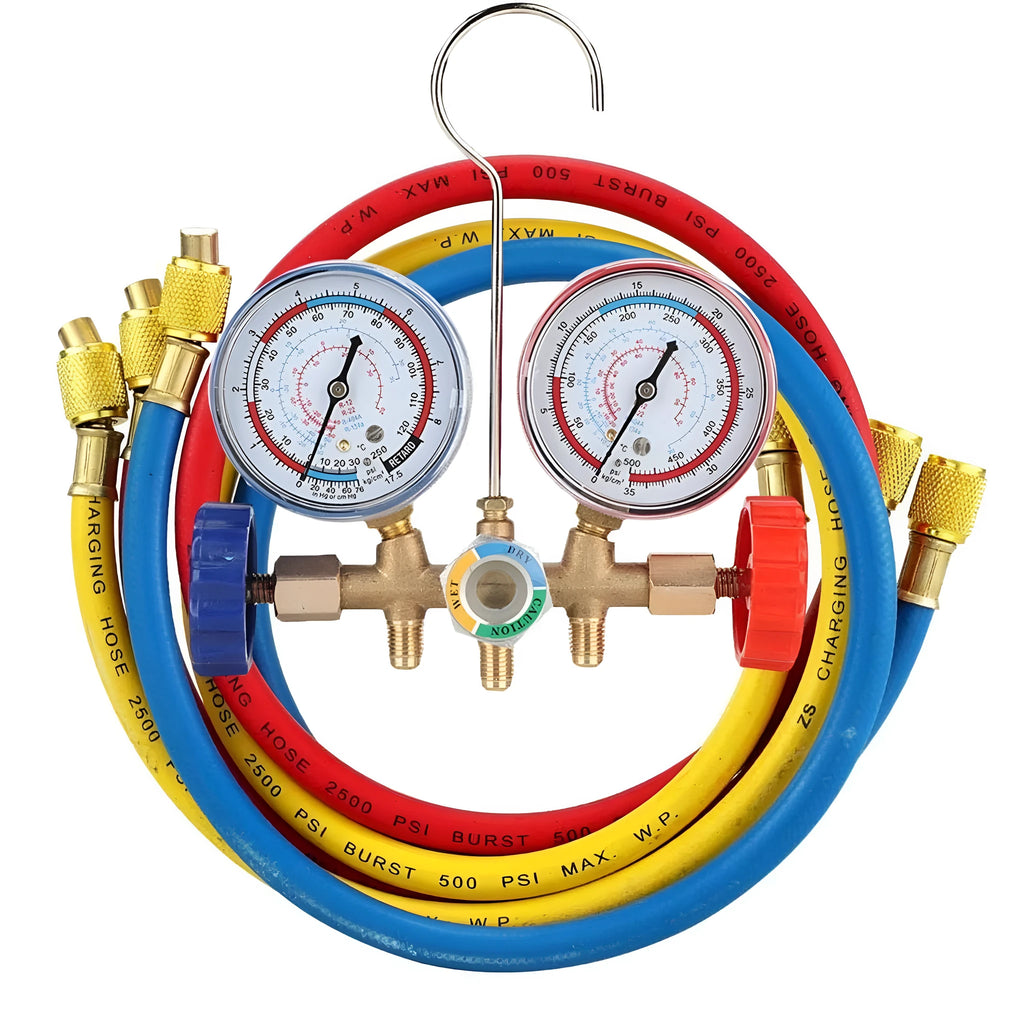 Refrigerant instrument cluster with brass manifold, hook, and red blue yellow 80cm hoses for A/C servicing
