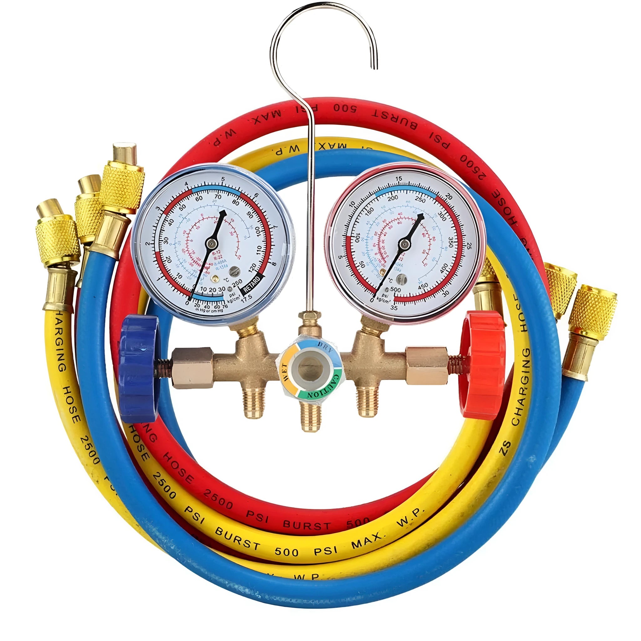 Refrigerant instrument cluster with brass manifold, hook, and red blue yellow 80cm hoses for A/C servicing