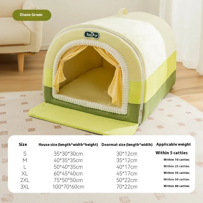 Sponge dog bed with painted autumn winter designs in rock yellow, green, and brown colour options